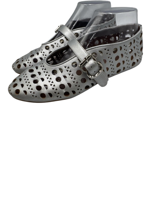 Alaia Shoe Size 39 Silver Leather Upper Laser Cut Geometric Round Toe Flats Silver / 39