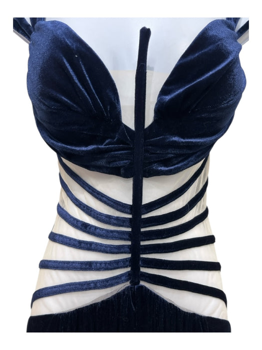 Bobby Macc Size L Navy Blue Cotton Blend Velvet Mesh Accents Strappy Gown Navy Blue / L