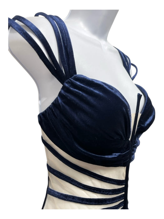 Bobby Macc Size L Navy Blue Cotton Blend Velvet Mesh Accents Strappy Gown Navy Blue / L