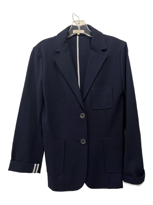 Ann Mashburn Size L Navy Blue Rayon Blend Patch Pocket Long Sleeve Lapel Jacket Navy Blue / L