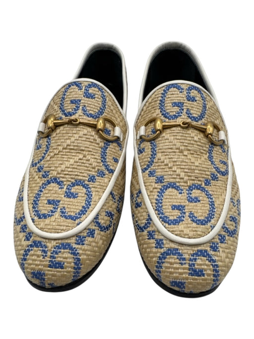 Gucci Shoe Size 38 Tan, blue & white Raffia Leather trim Horsebit Loafer Flats Tan, blue & white / 38
