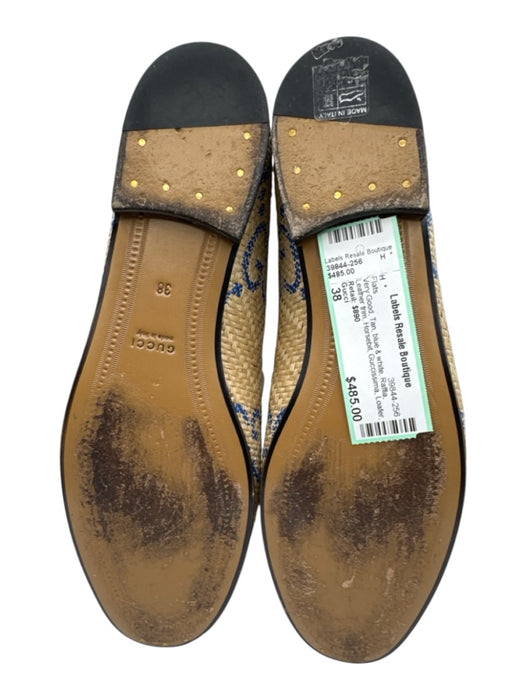 Gucci Shoe Size 38 Tan, blue & white Raffia Leather trim Horsebit Loafer Flats Tan, blue & white / 38