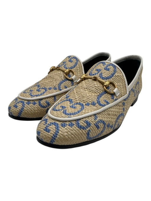 Gucci Shoe Size 38 Tan, blue & white Raffia Leather trim Horsebit Loafer Flats Tan, blue & white / 38