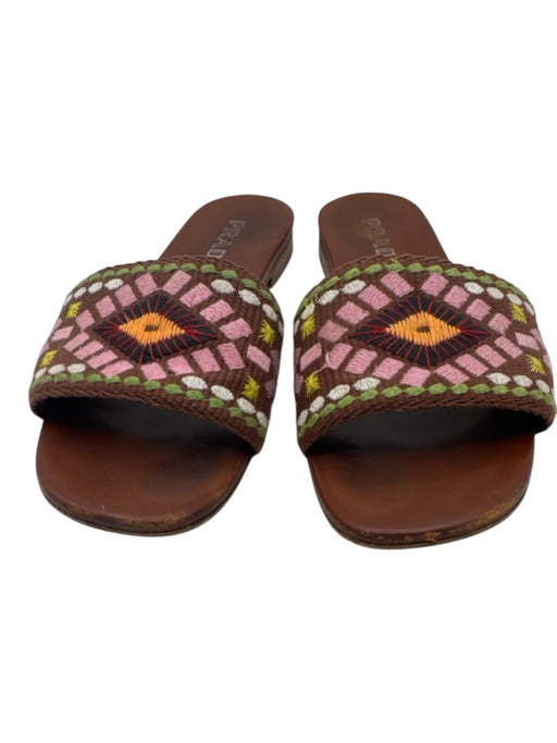 Prada Shoe Size 37.5 brown, pink & multi Leather Embroidered Geometric Sandals brown, pink & multi / 37.5