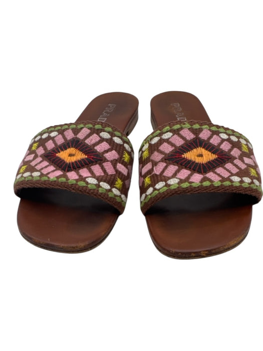 Prada Shoe Size 37.5 brown, pink & multi Leather Embroidered Geometric Sandals brown, pink & multi / 37.5