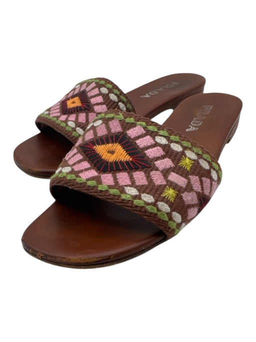 Prada Shoe Size 37.5 brown, pink & multi Leather Embroidered Geometric Sandals brown, pink & multi / 37.5