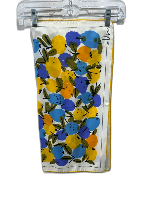 Vera Neumann Yellow, Blue, White Rayon Blend Abstract Fruit Rolled Edges scarf Yellow, Blue, White / Small
