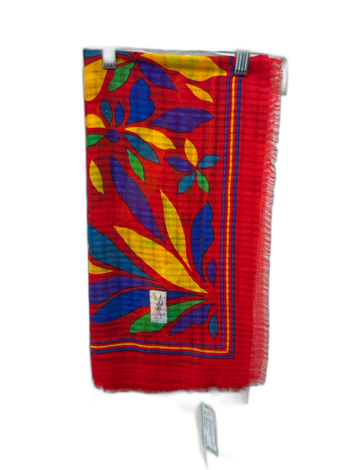 Yves Saint Laurent Red, Blue, Multi Wool Abstract Fringe Square scarf Red, Blue, Multi / One Size