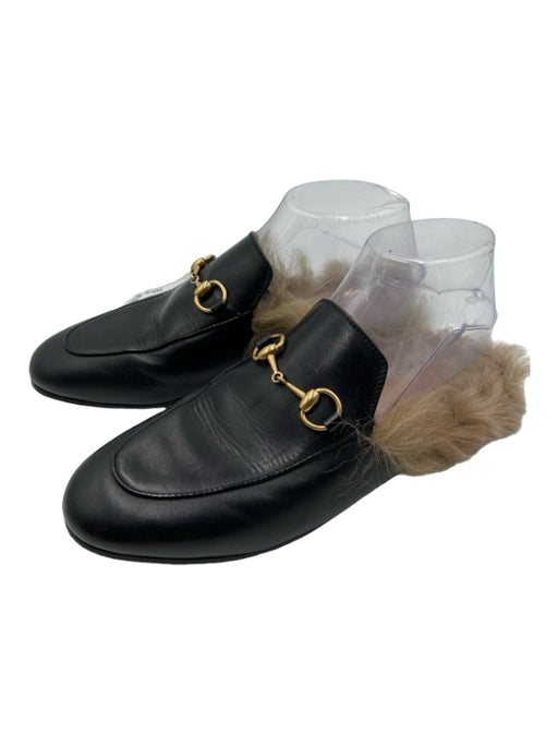 Gucci Shoe Size 37 Black & Beige Leather Fur interior Round Toe Slip On Loafers Black & Beige / 37