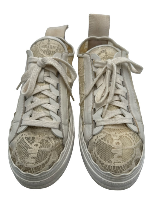 Chloe Shoe Size 7 Cream Lace & Leather Laces Rubber Sole Low Top Sneakers Cream / 7