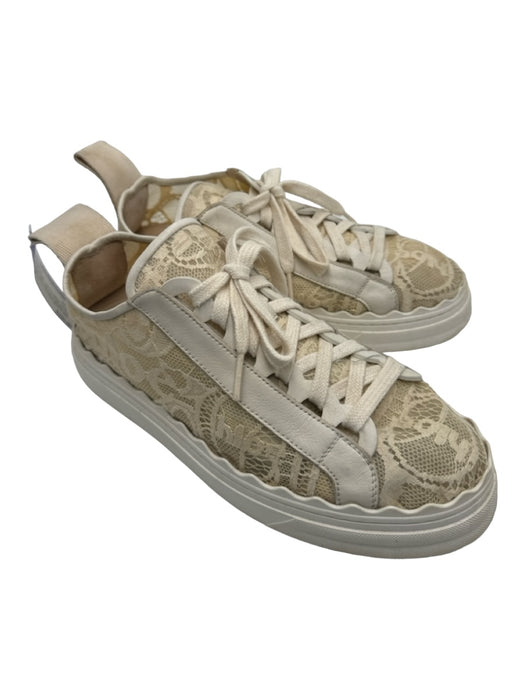 Chloe Shoe Size 7 Cream Lace & Leather Laces Rubber Sole Low Top Sneakers Cream / 7