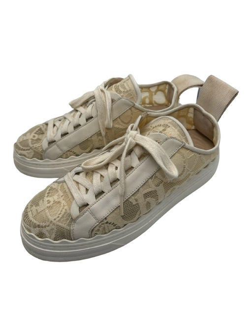 Chloe Shoe Size 7 Cream Lace & Leather Laces Rubber Sole Low Top Sneakers Cream / 7