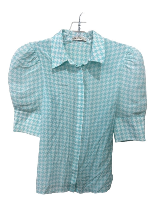 Alice + Olivia Size S Light blue & white Silk Short Sleeve Houndstooth Top Light blue & white / S