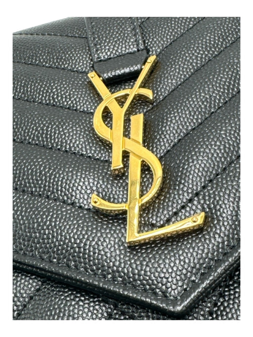 Saint Laurent Black & Gold Caviar Leather Quilted Flap Gold Logo Wristlet Bag Black & Gold / S