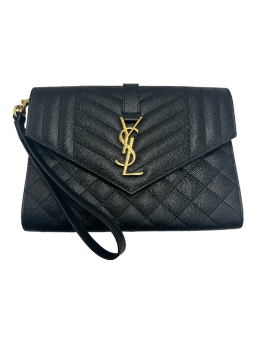 Saint Laurent Black & Gold Caviar Leather Quilted Flap Gold Logo Wristlet Bag Black & Gold / S