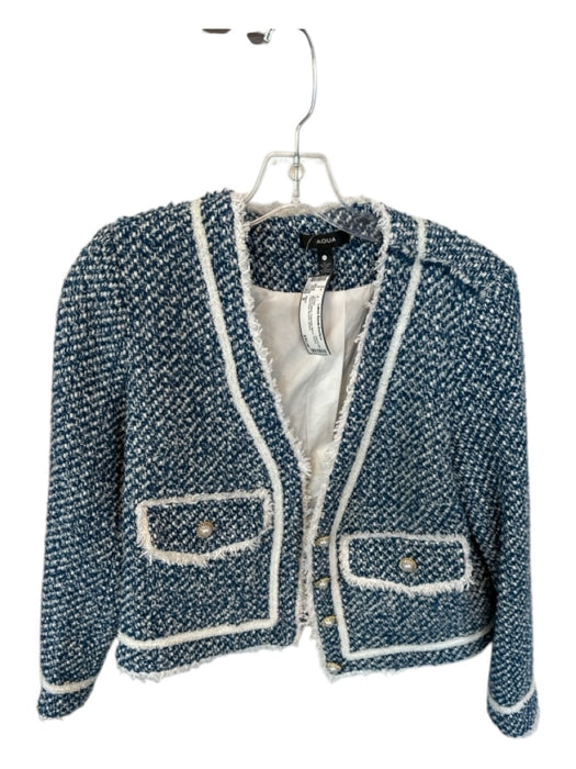 Aqua Size S Blue & White Polyester Blend Tweed Faux Pearl Accent Jacket Blue & White / S