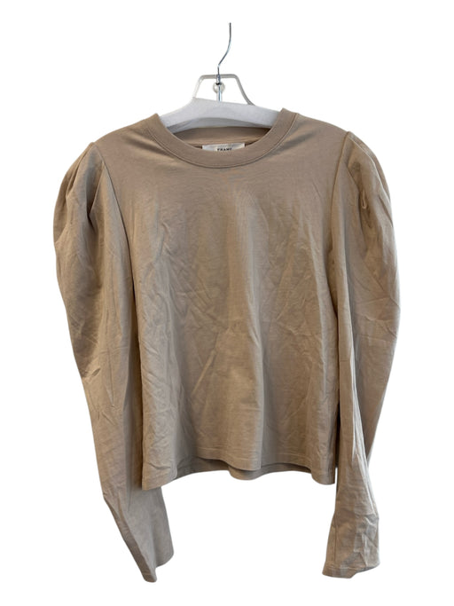 Frame Size S Beige Cotton Long Sleeve Round Neck Ruffled Shoulders Top Beige / S