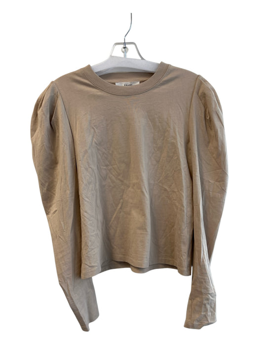 Frame Size S Beige Cotton Long Sleeve Round Neck Ruffled Shoulders Top Beige / S