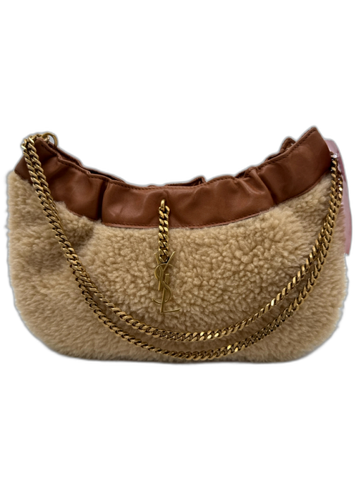 Saint Laurent Brown & Tan Leather Shearling Chain Strap Logo Charm Shoulder Bag Brown & Tan / S