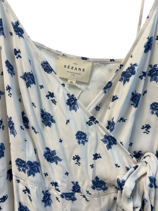 Sezan Size 34 White & Blue Viscose Spaghetti Strap Midi Back Tie Dress White & Blue / 34