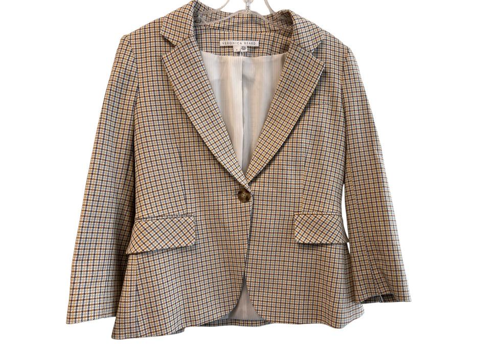 Veronica Beard Size 6 Cream & Multi V Neck Collar Plaid Button Crop Blazer Cream & Multi / 6