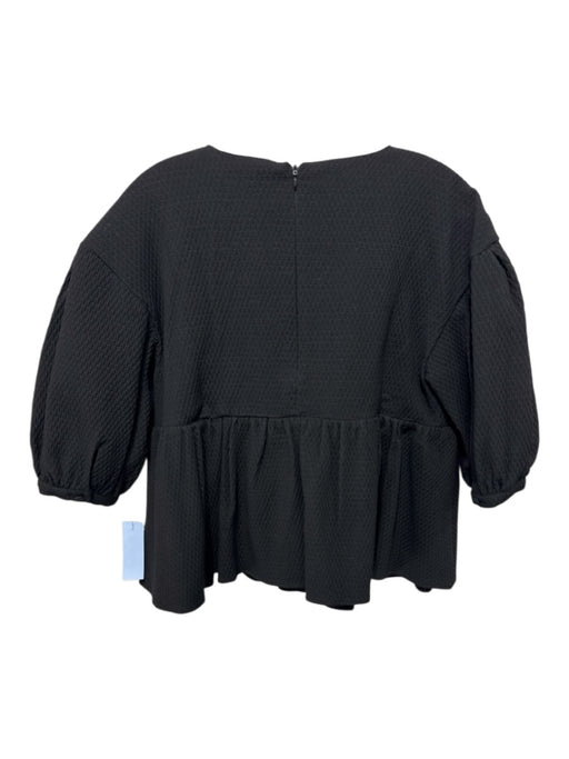 Rosae Size S / 36 Black Polyester Blend Textured Puff Sleeve Back Zip Peplum Top Black / S / 36