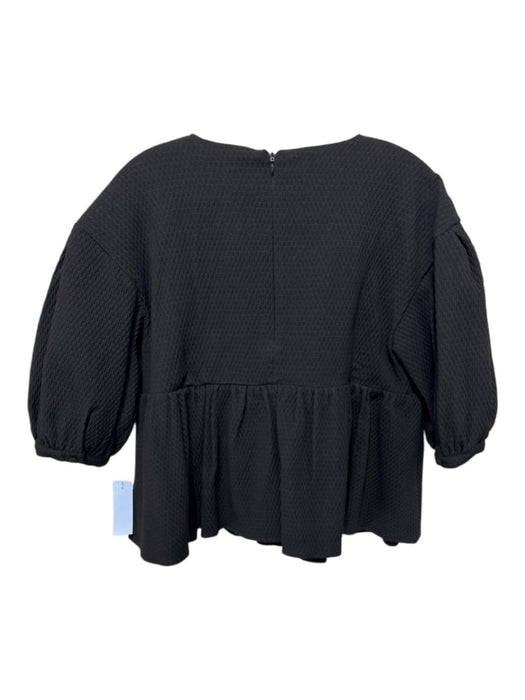Rosae Size S / 36 Black Polyester Blend Textured Puff Sleeve Back Zip Peplum Top Black / S / 36