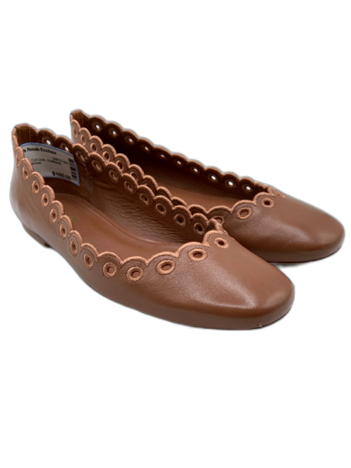 Larroude Shoe Size 7.5 Brown Leather Cut Outs Scalloped Round Toe Flats Brown / 7.5