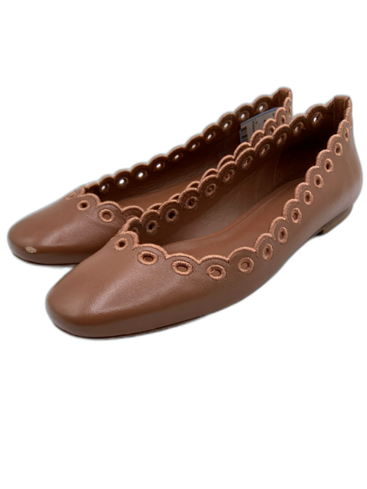 Larroude Shoe Size 7.5 Brown Leather Cut Outs Scalloped Round Toe Flats Brown / 7.5