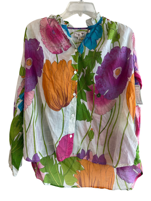 Mille Size XS White & Multi Cotton Long Sleeve Button Down Floral Sheer Top White & Multi / XS