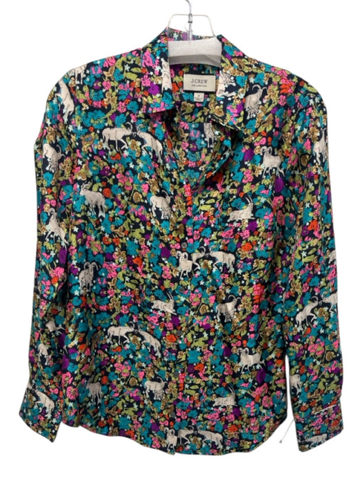 J. Crew Size 2 Black & Multi Silk Flora & Fauna Long Sleeve Button Up Shirt Top Black & Multi / 2