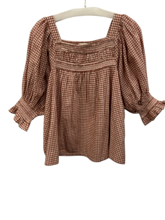Cleobella Size M Red & White Cotton Gingham 1/2 Balloon Sleeve Square Neck Top Red & White / M