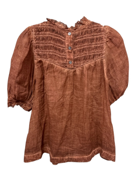 Sea New York Size 6 Brown Ramie Short Balloon Sleeve Shirred Top Button Back Top Brown / 6