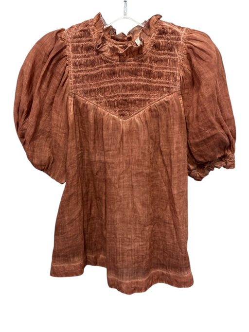Sea New York Size 6 Brown Ramie Short Balloon Sleeve Shirred Top Button Back Top Brown / 6