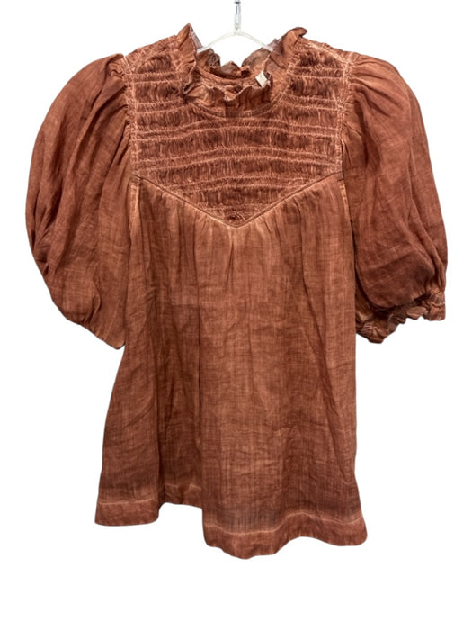 Sea New York Size 6 Brown Ramie Short Balloon Sleeve Shirred Top Button Back Top Brown / 6