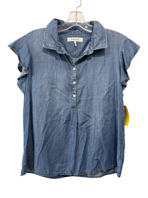 Frame Size M Chambray Cotton Short flutter sleeve 1/4 Button Collar Top Chambray / M