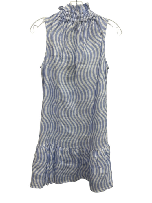 Ephemera Size 2 Light blue & white Linen Wavy Stripes high neck Dress Light blue & white / 2