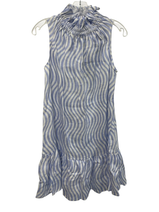 Ephemera Size 2 Light blue & white Linen Wavy Stripes high neck Dress Light blue & white / 2