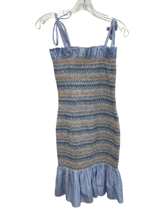 Azulu Size S Blue, Orange, Yellow Polyester Blend Shirred Embroidered Dress Blue, Orange, Yellow / S