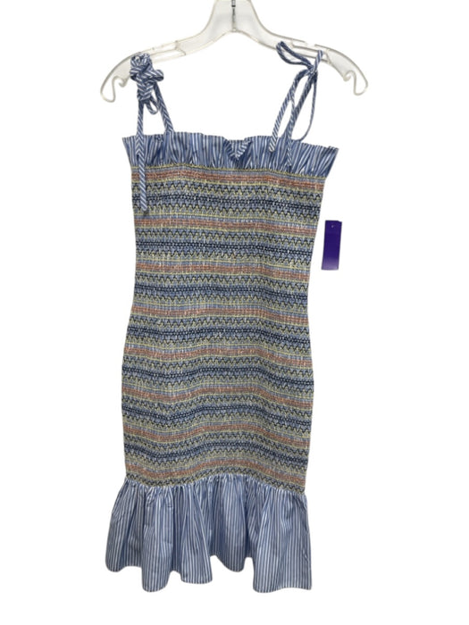 Azulu Size S Blue, Orange, Yellow Polyester Blend Shirred Embroidered Dress Blue, Orange, Yellow / S