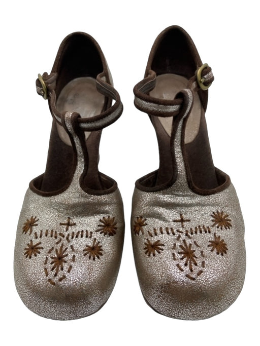 Colleen Cordero Shoe Size 8 Brown & Silver Leather Embroidered T Strap Pumps Brown & Silver / 8