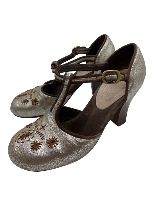 Colleen Cordero Shoe Size 8 Brown & Silver Leather Embroidered T Strap Pumps Brown & Silver / 8