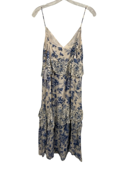 Cami NYC Size S White & Blue Cotton & Silk Floral V Neck Sleeveless Tiered Dress White & Blue / S