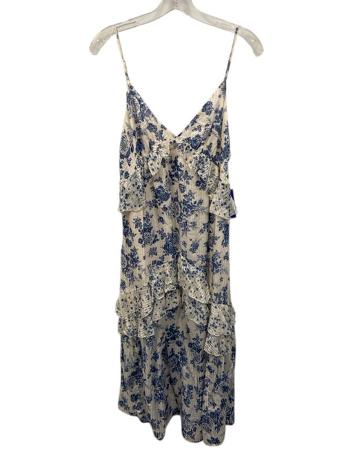 Cami NYC Size S White & Blue Cotton & Silk Floral V Neck Sleeveless Tiered Dress White & Blue / S