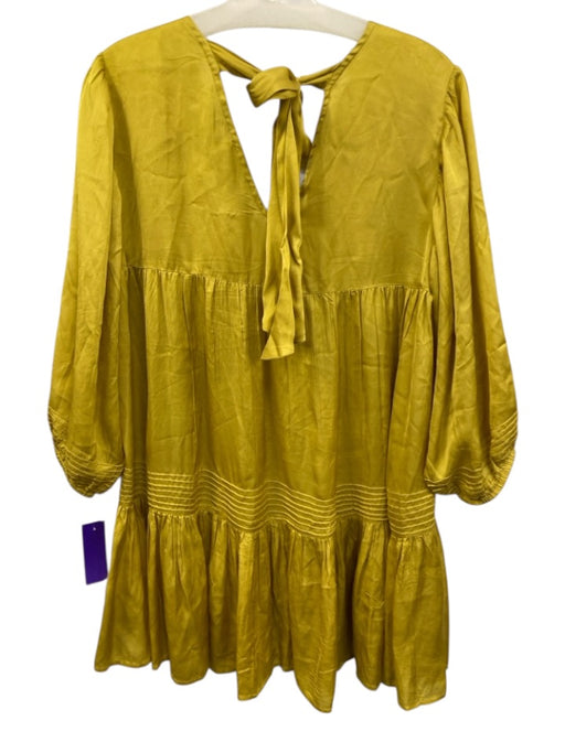 Cleobella Size S Yellow Viscose V Neck Tie Neck 3/4 Puff Sleeve Pleats Dress Yellow / S