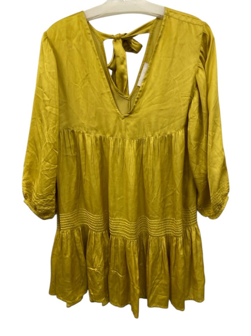 Cleobella Size S Yellow Viscose V Neck Tie Neck 3/4 Puff Sleeve Pleats Dress Yellow / S