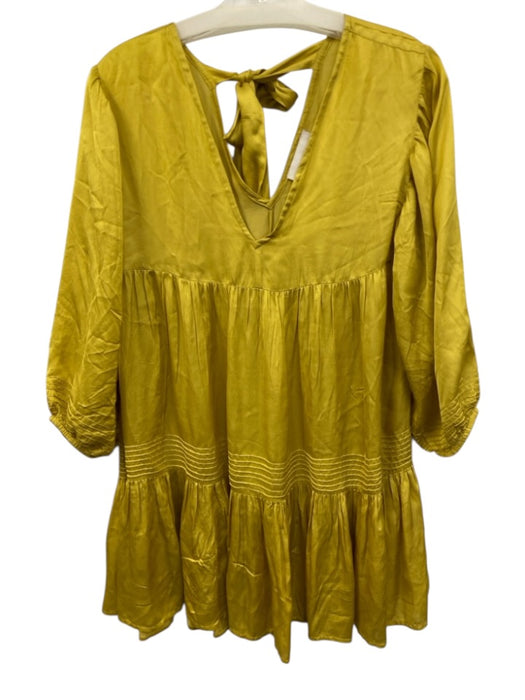 Cleobella Size S Yellow Viscose V Neck Tie Neck 3/4 Puff Sleeve Pleats Dress Yellow / S