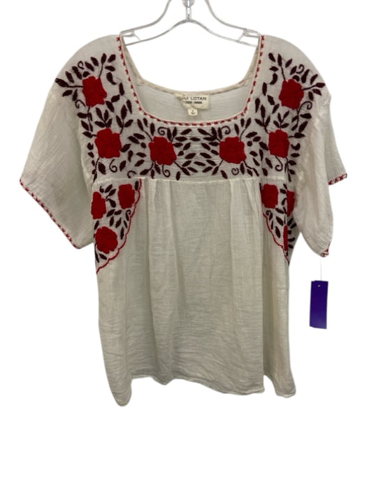 Nili Lotan Size S White & Red Cotton Square Neck Floral Embroidered Top White & Red / S