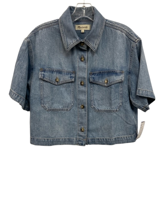 Madewell Size S Light Wash Cotton Denim Short Sleeve Button Up Collar Top Light Wash / S