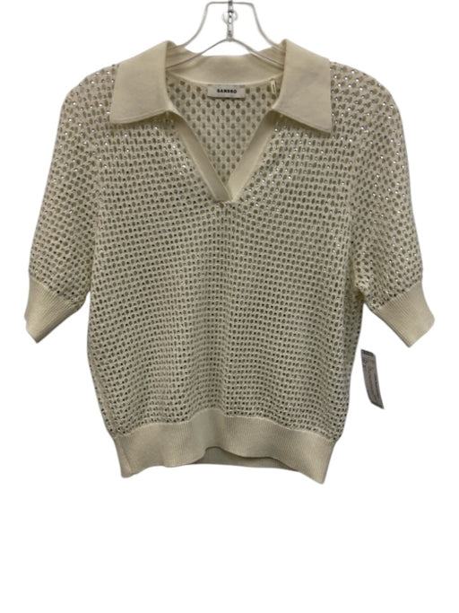 Sandro Size S White & Silver Poly Blend Short Sleeve Cut Outs Rhinestones Top White & Silver / S